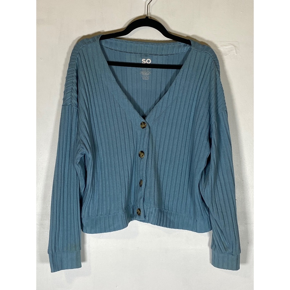 SO Blue Ribbed Cropped Cardigan XXL Button Front Soft Stretch Sweater